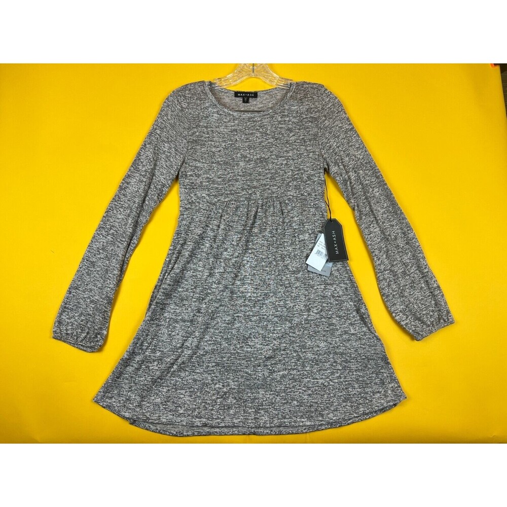 Max + Ash Knit Babydoll Mini Dress Womens S Gray Balloon Sleeve Crew Neck NWT